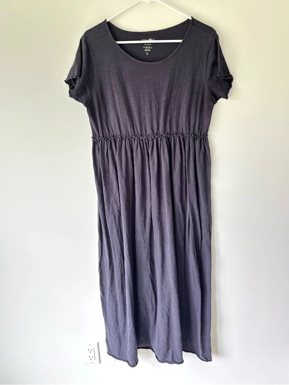 Natural Life Black Midi Dress Short Sleeves Raw Hem Cottagecore Milkmaid Cotton